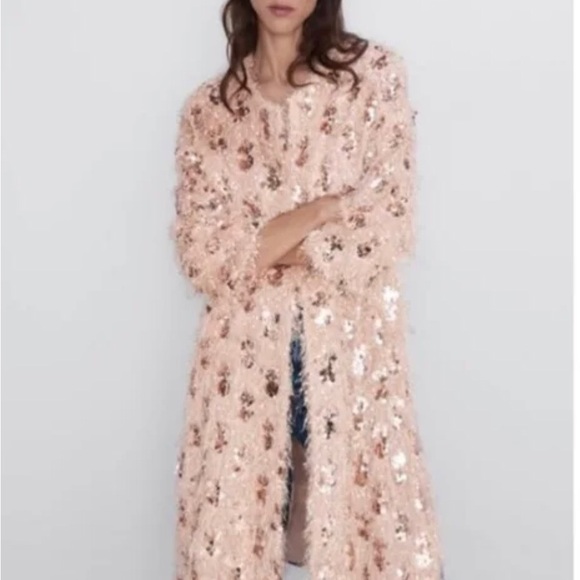 Zara Eyelash Fringe Sequin Pink Cardigan Robe Kimono with Belt XS/S - Picture 6 of 8